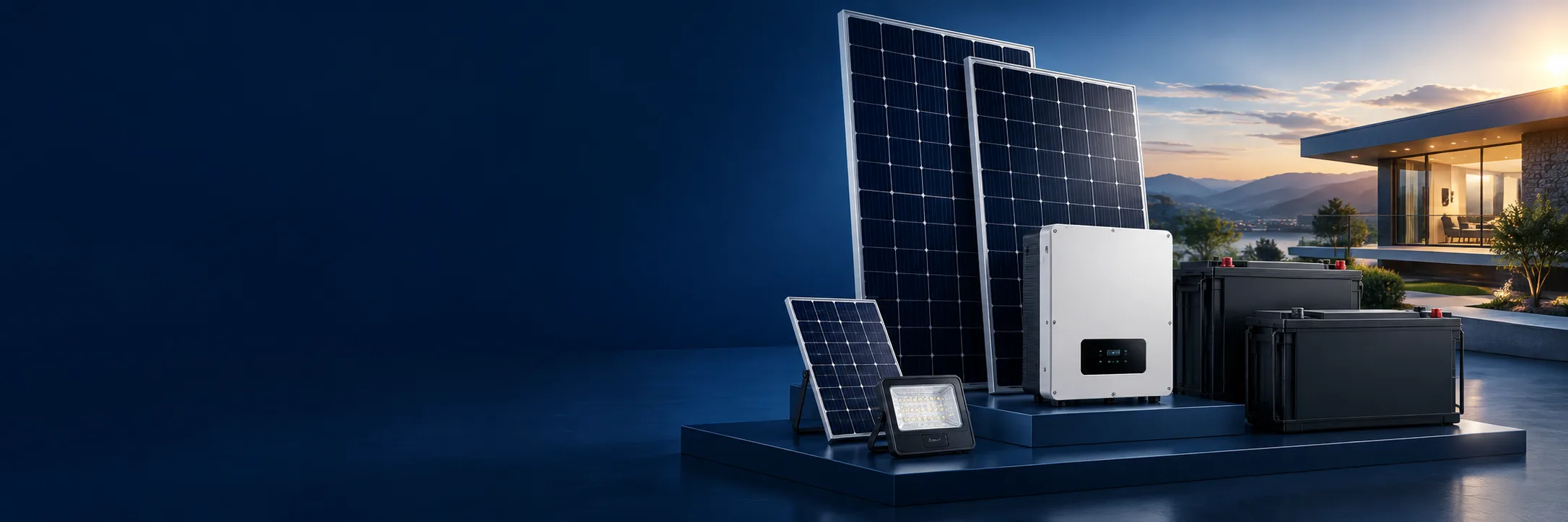 Paneles solares, inversor, baterías y luminarias junto a una vivienda