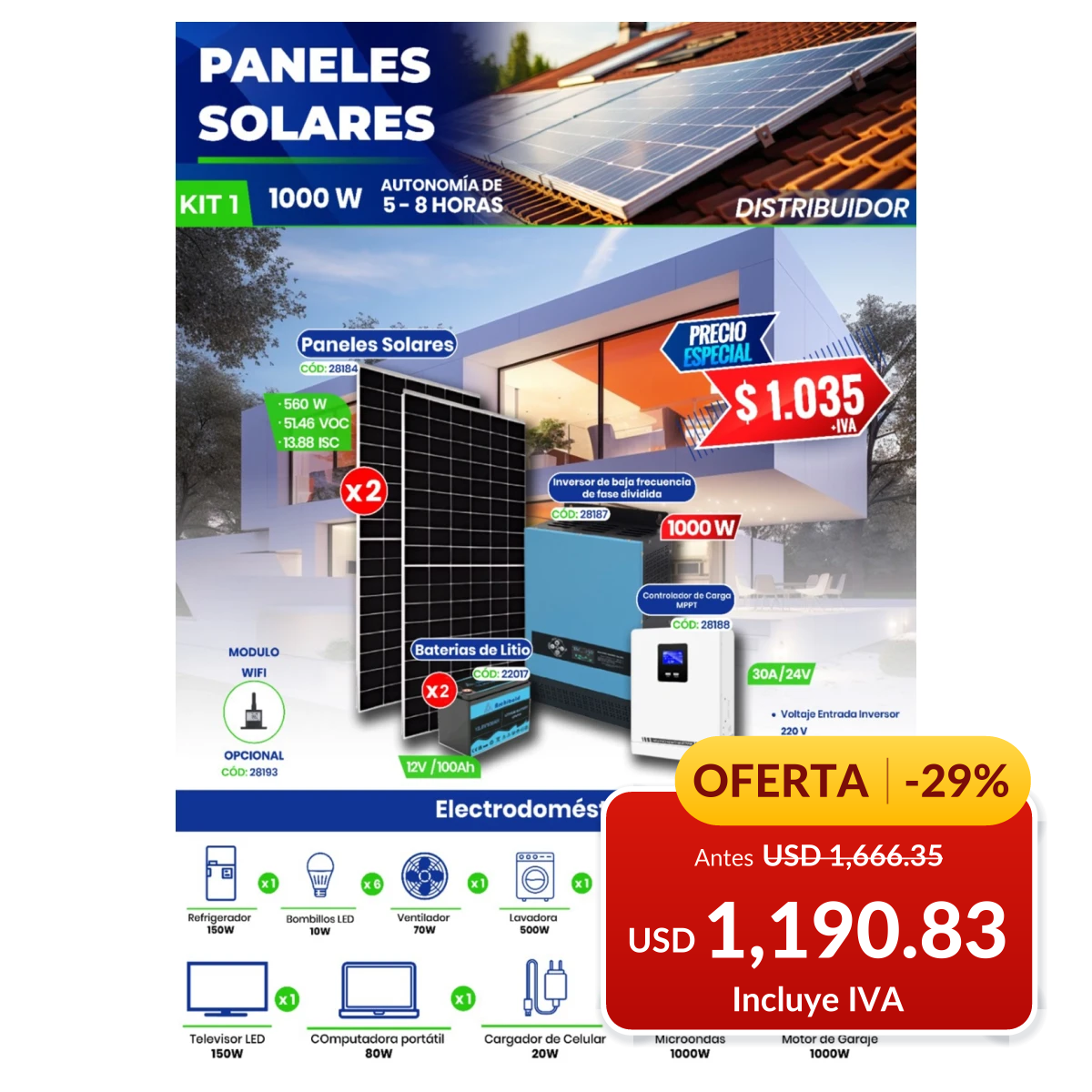 Kit solar residencial de 1000 W con baterías de litio en oferta